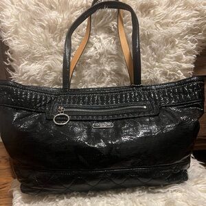 Coach Black Quilted Patent Tote with Dual Straps